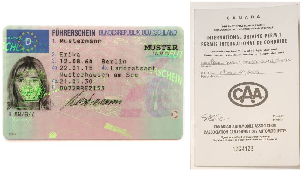 A European Union (EU) driving license issued in Germany, placed alongside an International Driving Permit (IDP) issued by the Canadian Automobile Association. This image illustrates identification documents required for driving internationally.